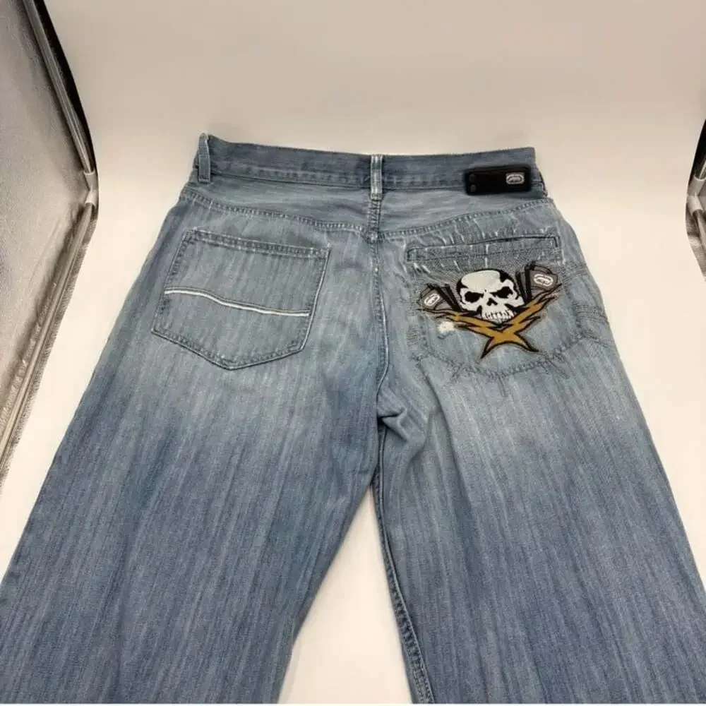 Ecko Unltd. Vintage Denim Jeans with Embroidered Skull Patch, Baggy Fit, Size 38